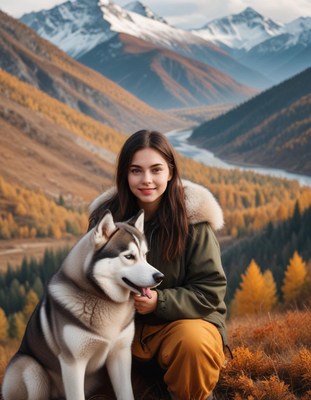 Young woman enjoys autumn landscape with her husky