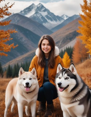 Woman with dogs in autumn mountains during daylight