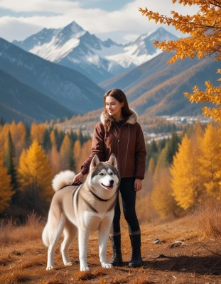 Dog and girl enjoying autumn in a scenic mountain landscape