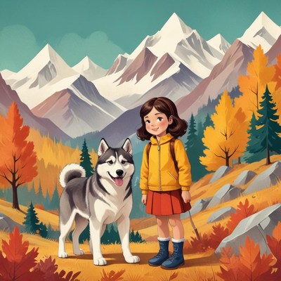 Happy girl and husky dog in autumn mountains scene