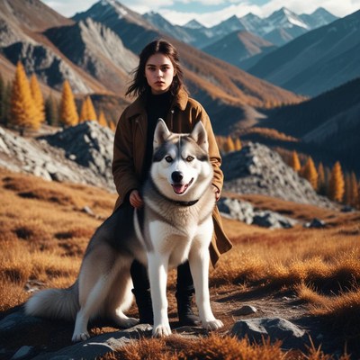Girl with husky dog in autumn mountains