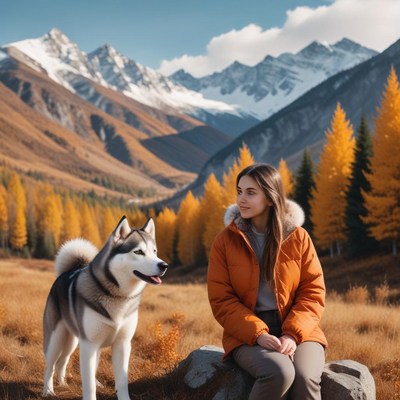 Woman enjoys autumn scenery with husky in the mountains