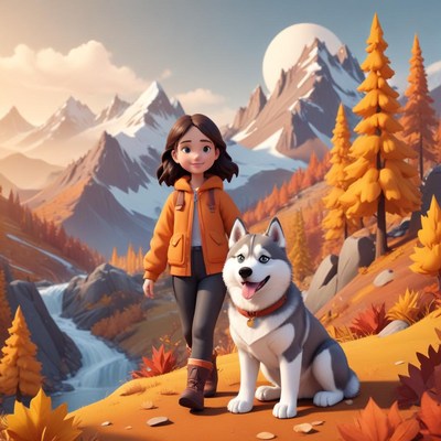 Walking in the autumn mountains with a friendly husky