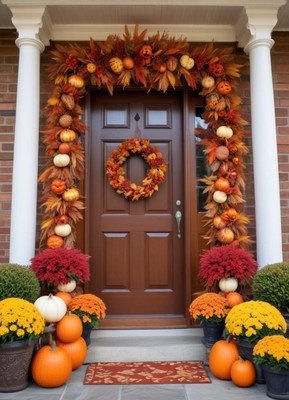Fall decorations on a welcoming front door