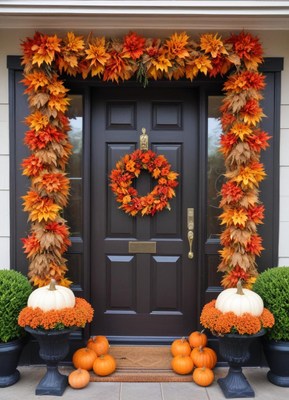 Charming fall-themed porch decor with pumpkins and leaves