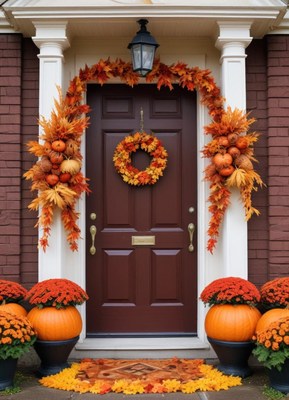 Autumn decorations on a cozy front door