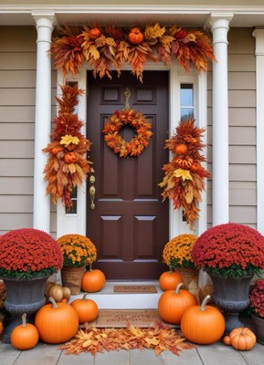 Festive autumn entrance with pumpkins and decorations
