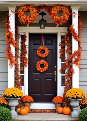 Vibrant fall decorations adorn cozy front entrance