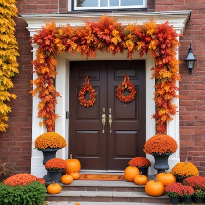 Autumn decoration at a cozy front door with pumpkins