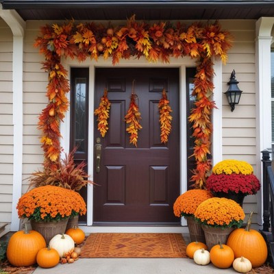Front porch decorated for autumn with fall colors