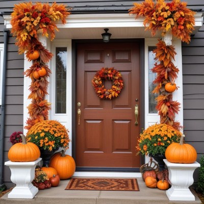 Autumn decorations enhance the front porch of a house