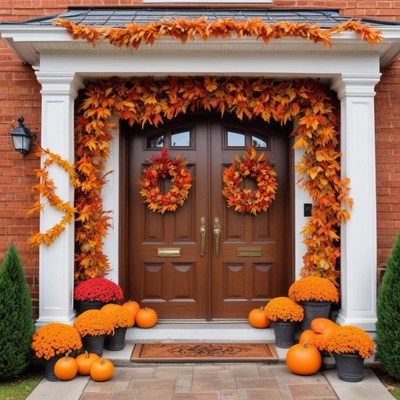 Fall decorations adorn a charming front entrance