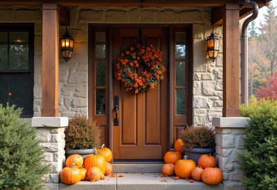 Autumn porch decorated with pumpkins and a wreath
