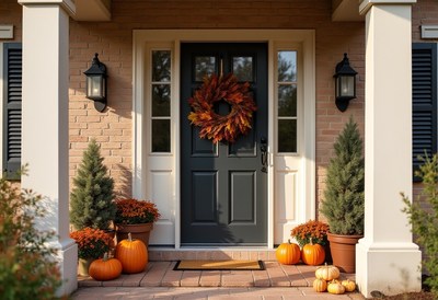 Decorative autumn entrance with pumpkins and wreath