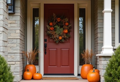 Charming autumn entryway with pumpkins and a wreath