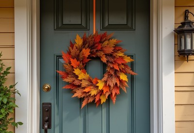 Beautiful fall wreath hangs on a front door
