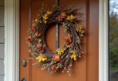 Beautiful autumn wreath hanging on a front door