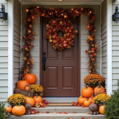 Beautiful autumn decorations at a cozy front porch