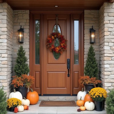 Beautiful autumn porch with pumpkins and decorations