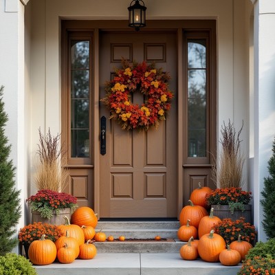 Enjoying autumn at a cozy front door filled with pumpkins