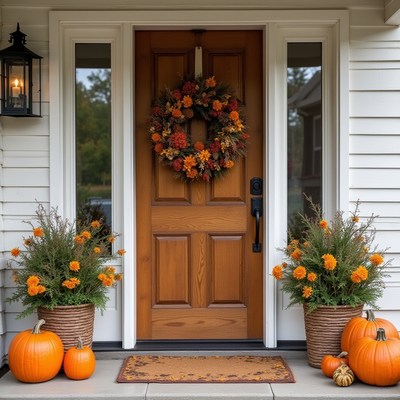 Beautiful fall porch decorated with pumpkins and flowers
