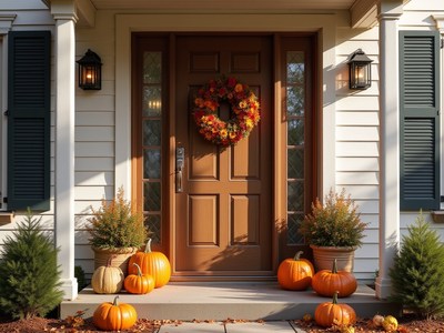 Fall decorations with pumpkins at a cozy home entrance