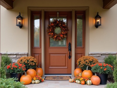Welcoming autumn decorations at the front door with pumpkins