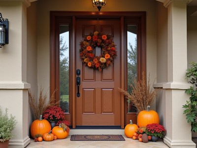 Outdoor autumn decoration with pumpkins and flowers