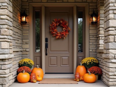 Cozy autumn entryway with pumpkins and fall decorations