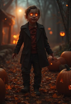 Spooky child walks through autumn path with glowing eyes