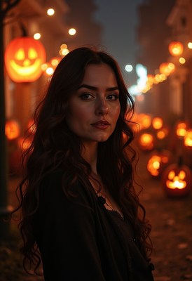 Halloween night with glowing pumpkins and a woman
