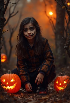 Child with face paint and pumpkins in a spooky forest