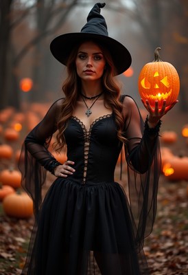 Woman in black dress holding a glowing pumpkin at dusk