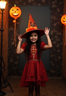 Cute girl in halloween costume with pumpkin decorations