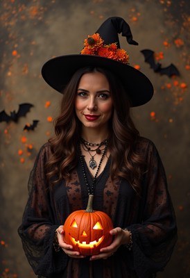 Witch with pumpkin at halloween celebration