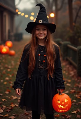 Young girl in witch costume enjoys halloween evening fun