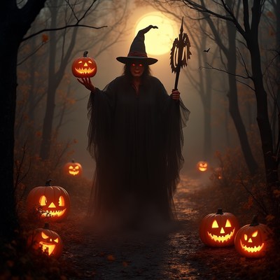 Halloween witch in spooky forest holding a pumpkin