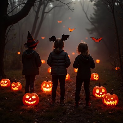 Children enjoy halloween night with pumpkins and costumes
