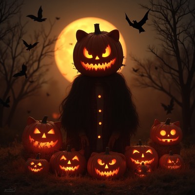 Halloween scene with a spooky figure and glowing pumpkins