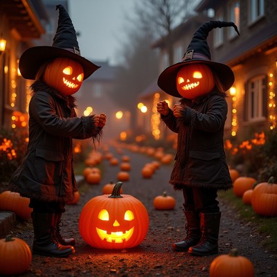 Spooky evening with pumpkin-headed figures in costumes