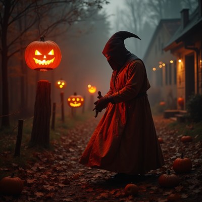 Spooky character in a haunted pumpkin garden at night