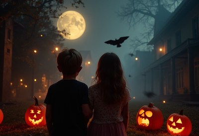Children enjoy halloween night with glowing pumpkins