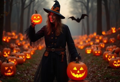 Woman with pumpkin in halloween forest at night
