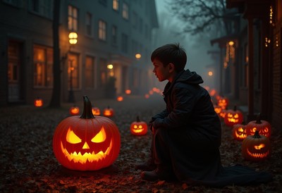 Kid enjoys halloween night with glowing pumpkins in autumn
