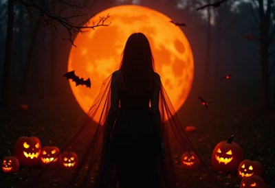 Moonlit halloween night with pumpkins and bats