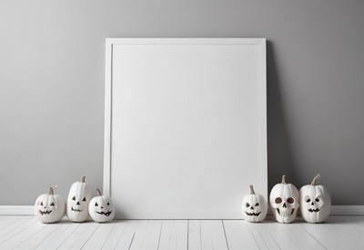 Halloween decorations with white pumpkins and skulls
