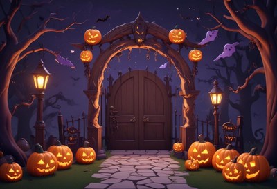 Spooky halloween night with glowing pumpkins at the gate