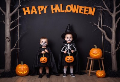 Two children celebrate halloween with fun costumes and decor