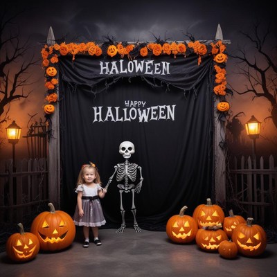 Sweet girl in halloween costume with pumpkins and skeleton