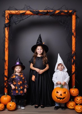 Three children pose in costumes for halloween